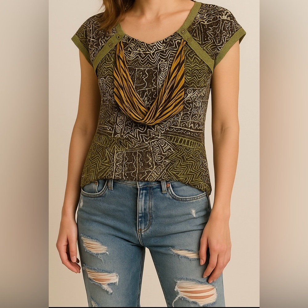 ANAC‎ Tribalcore Print Drape Front Top Abstract Boho Ethnic Artwear Shirt Size S